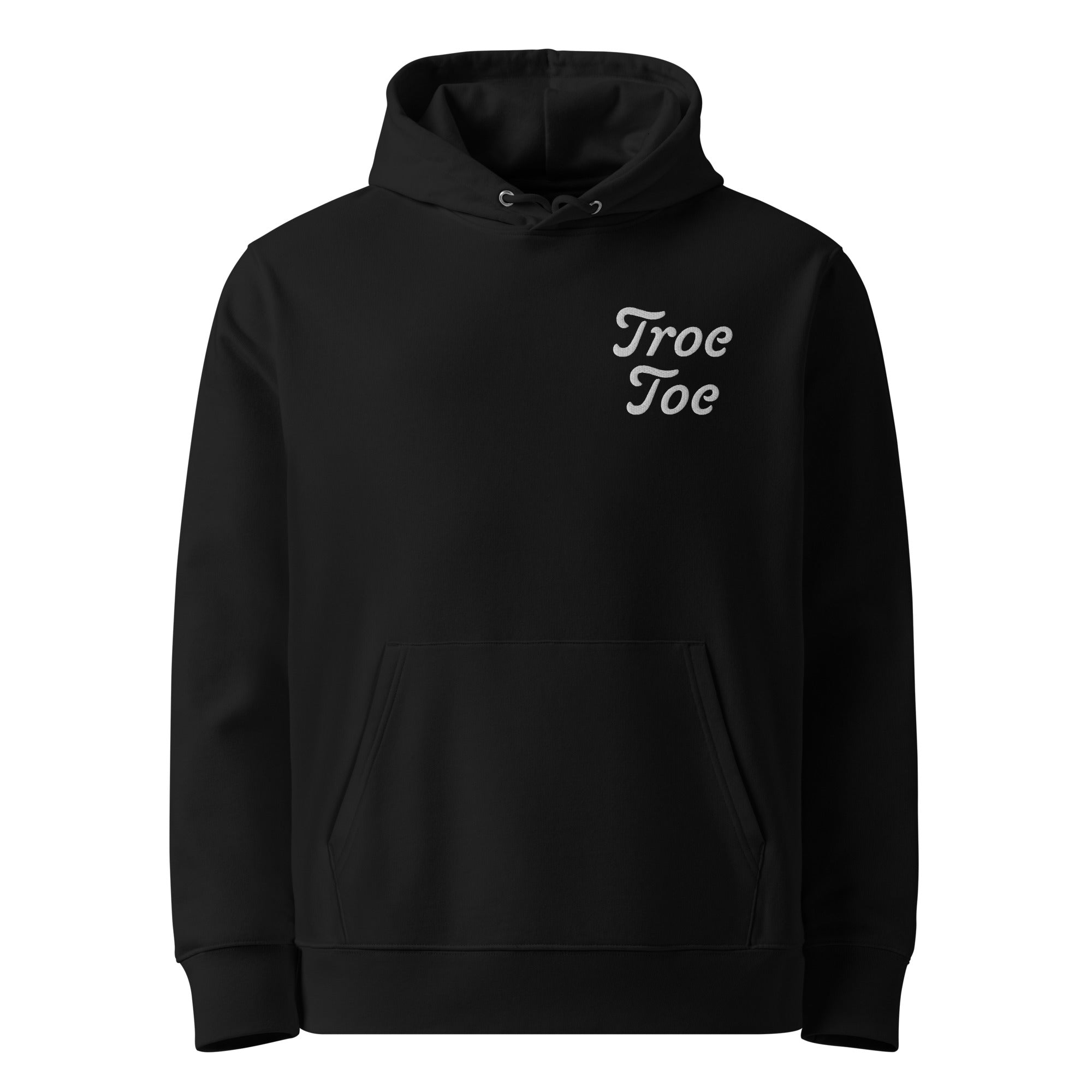 Model wearing Organic Cotton Embroidered Logo Hoodie in Black Color, Unisex Eco Streetwear
