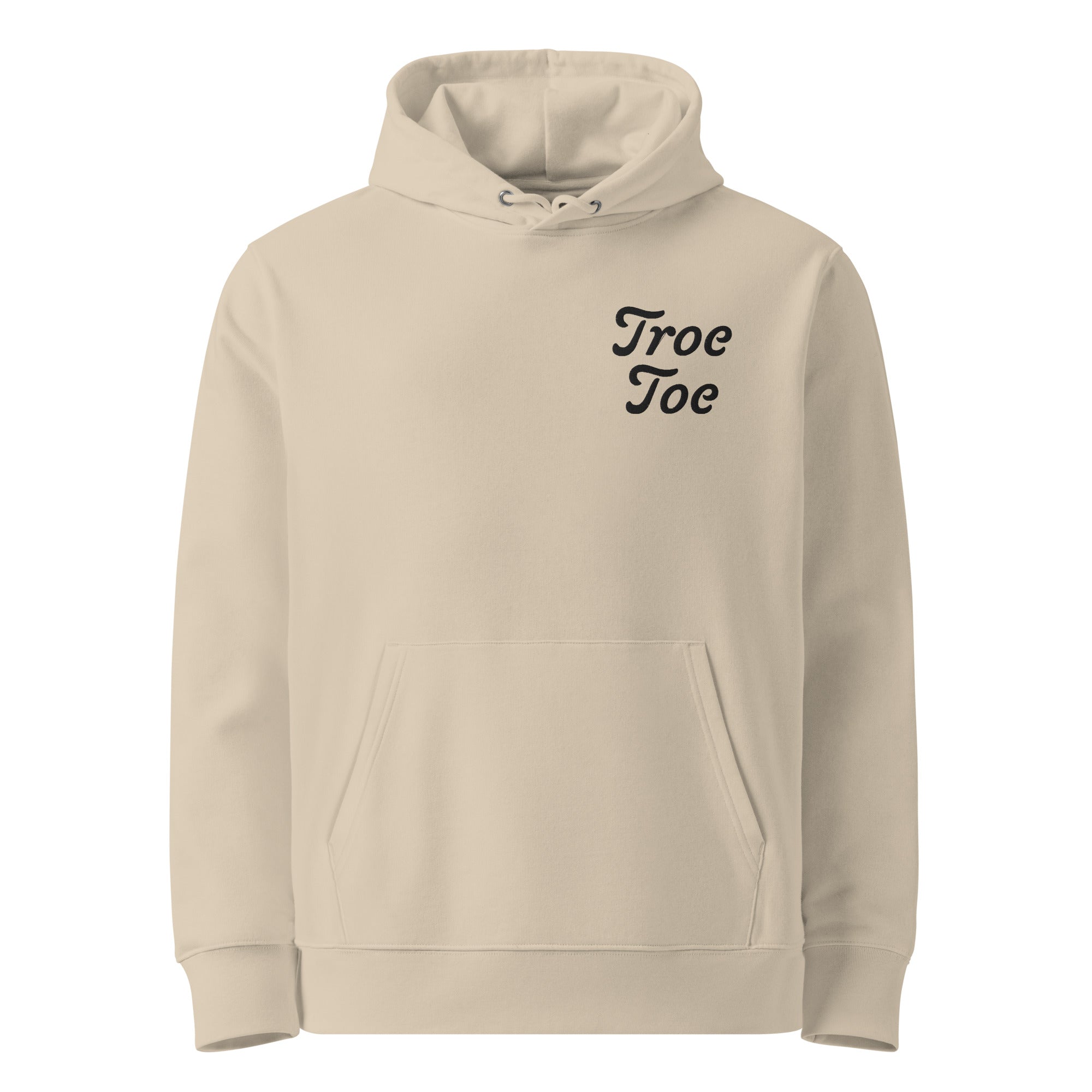 Model wearing Organic Cotton Embroidered Logo Hoodie in Light Color Unisex Sustainable Streetwear