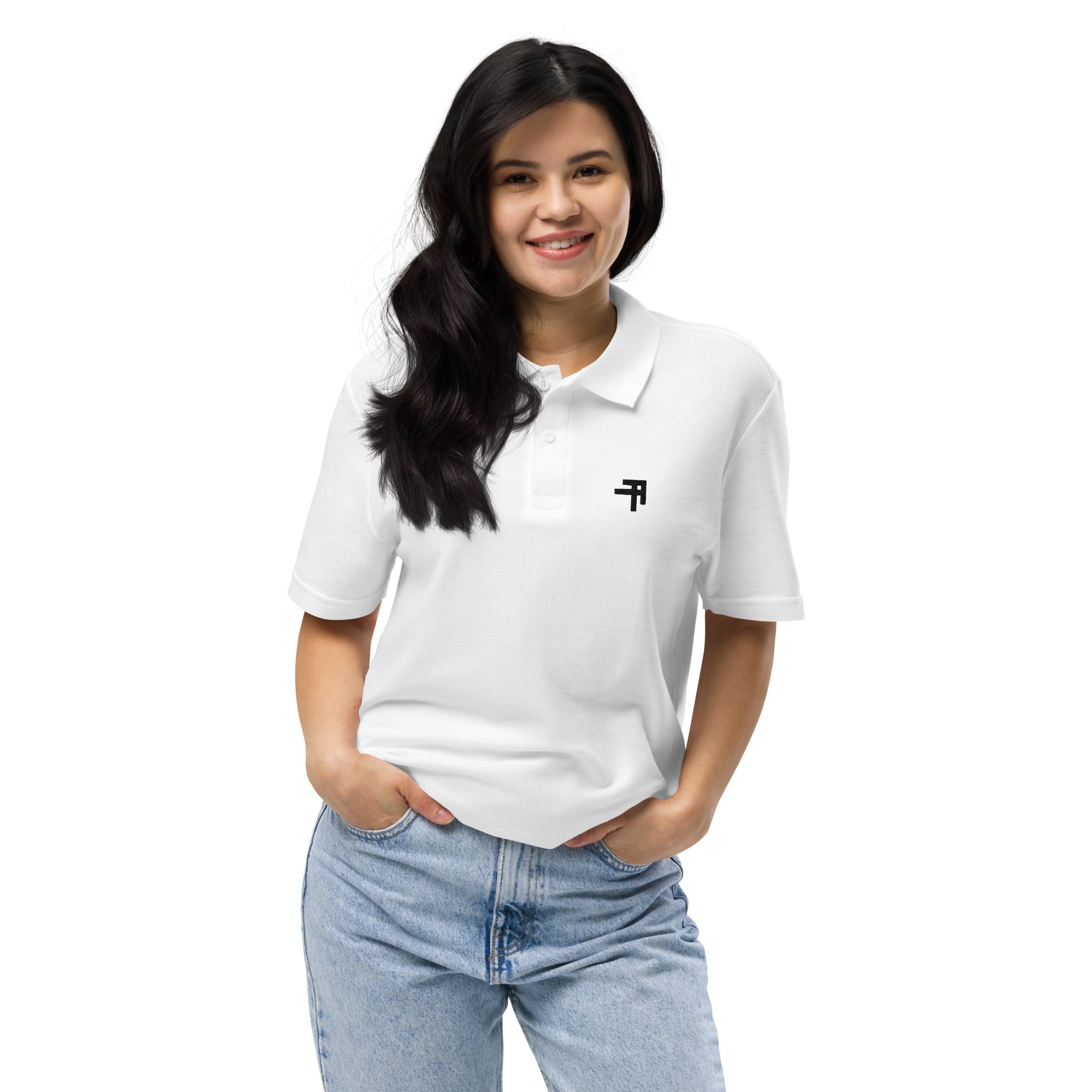 Model wearing Unisex Organic Cotton Embroidered Logo Polo Shirt in White