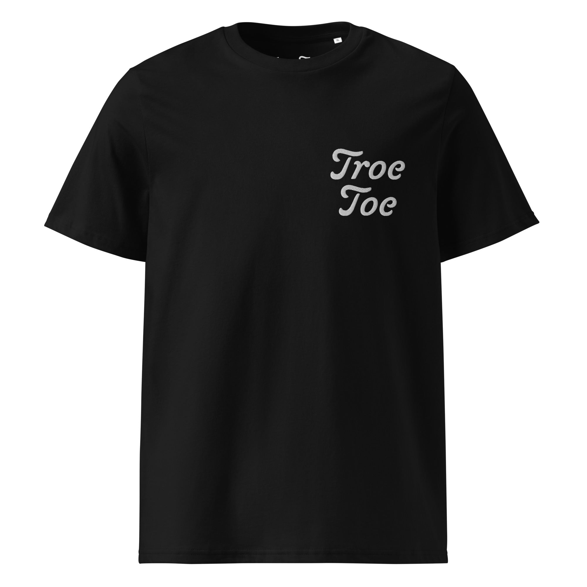 Side view of organic cotton black T-shirt with subtle chest branding eco-friendly fashion, man and woman