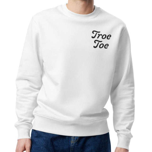White Sustainable Unisex Sweatshirt with Embroidered Troe Toe Logo